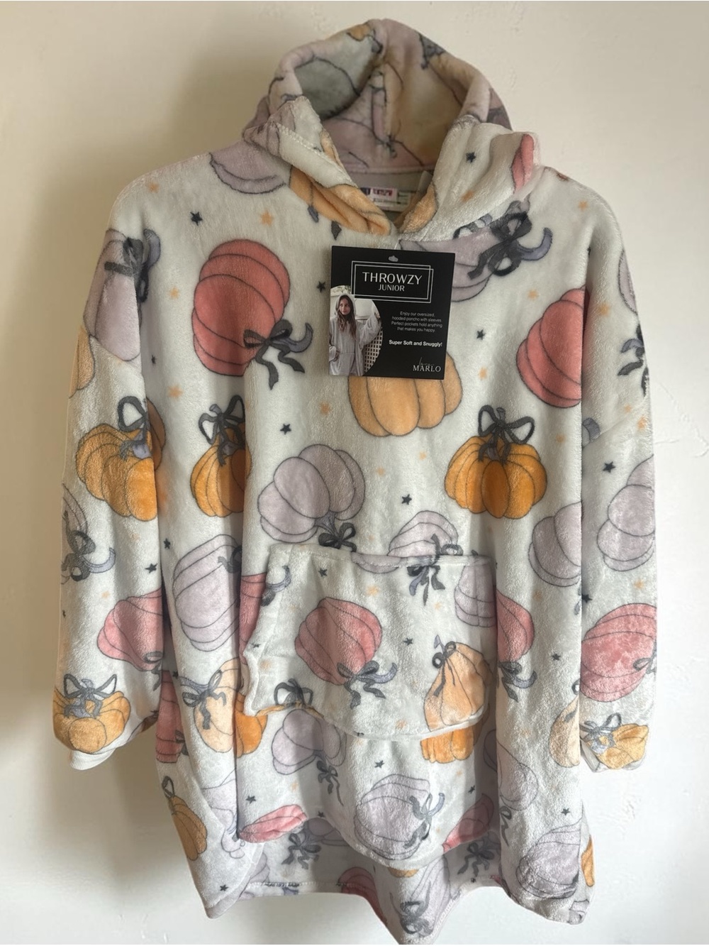 NWT One SZ Kids' White Pumpkin Hooded Pajama Pullover